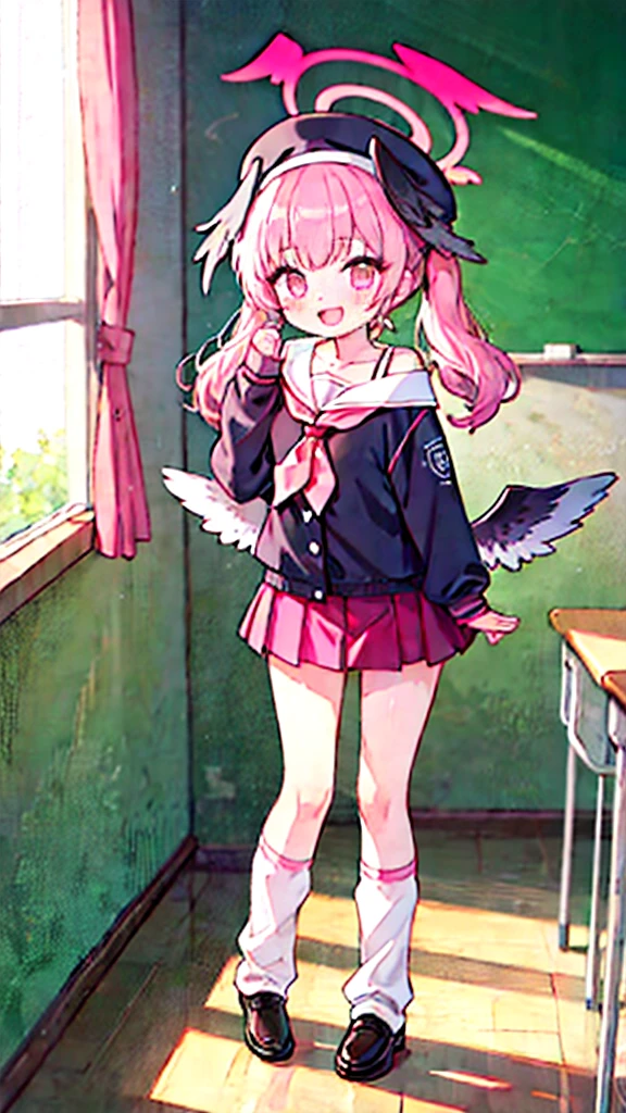 1girl, koharu \(blue archive\), twintails, halo, beret, head wings, low wings, pleated miniskirt, sleeves past wrists, sailor shirt, pink neckerchief, off shoulder, loose socks, loafers, standing, full body, looking at viewer, smile, open mouth, sunset, classroom, window, backlighting, depth of field