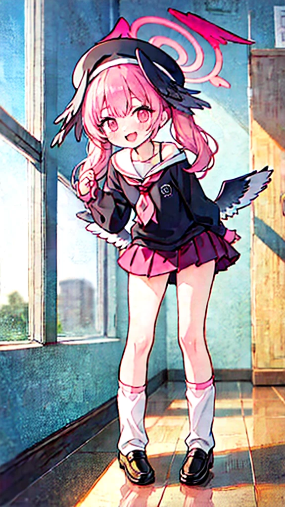 1girl, koharu \(blue archive\), twintails, halo, beret, head wings, low wings, pleated miniskirt, sleeves past wrists, sailor shirt, pink neckerchief, off shoulder, loose socks, loafers, standing, full body, looking at viewer, smile, open mouth, sunset, classroom, window, backlighting, depth of field