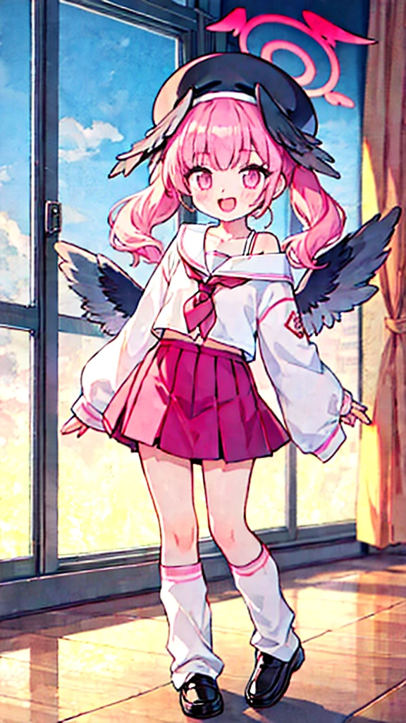 1girl, koharu \(blue archive\), twintails, halo, beret, head wings, low wings, pleated miniskirt, sleeves past wrists, sailor shirt, pink neckerchief, off shoulder, loose socks, loafers, standing, full body, looking at viewer, smile, open mouth, sunset, classroom, window, backlighting, depth of field