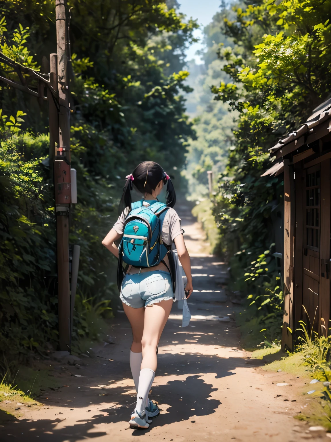 (masterpiece、highest quality、highest quality、Official Art、Beautiful and beautiful:1.2)、(One girl:1.3)Hatsune Miku、Twin tails,Beautiful breasts,there is a Woman walking down a dirt road with a backpack, time to climb the mountain path, The blossoming road to heaven, White shorts and hiking boots, The Best of Adobe Stock, spring day, Woman walking, Shutterstock, Woman carrying backpack, Walking away from the camera, Young woman in shorts, Walking away from the camera