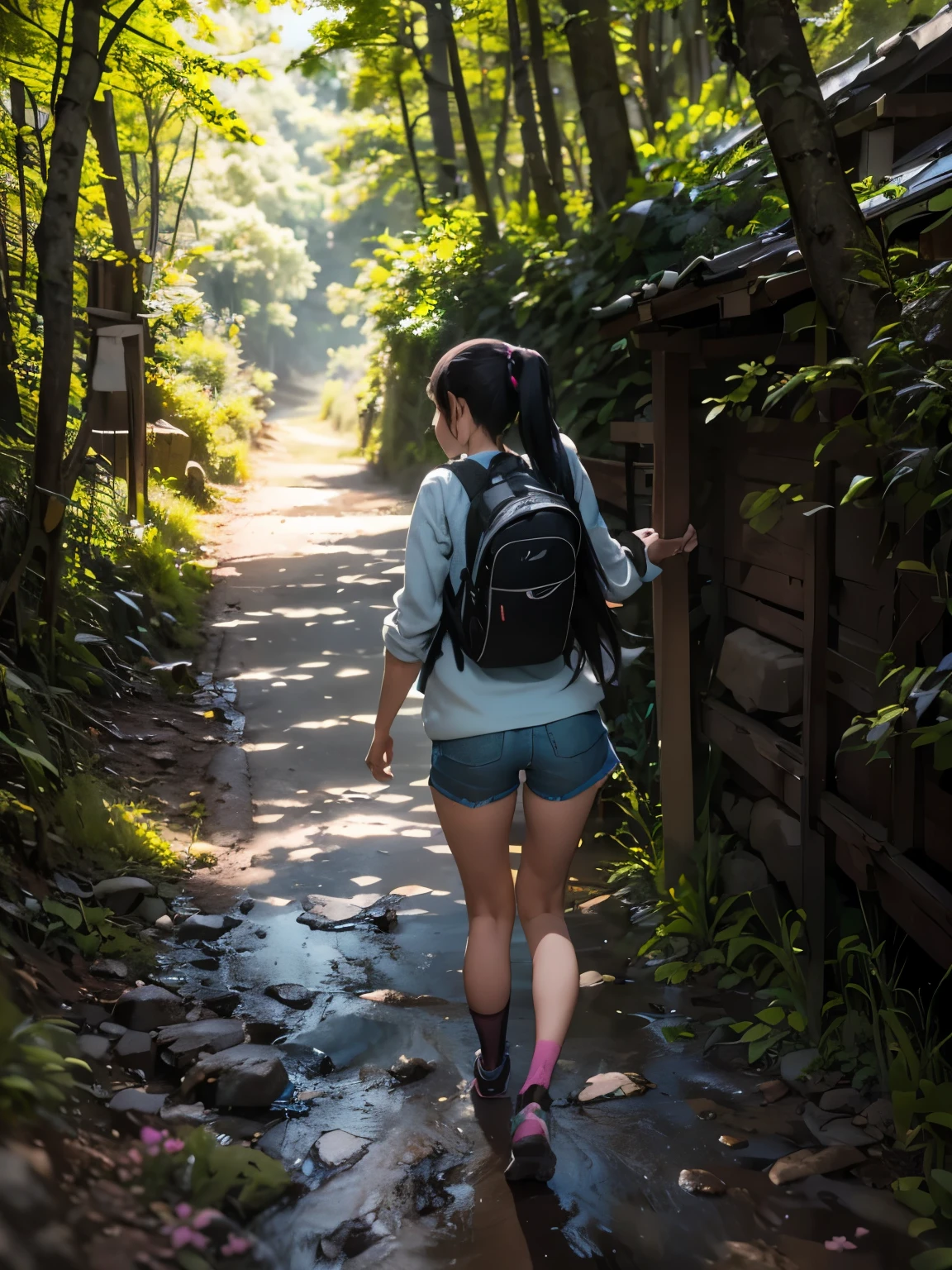 (masterpiece、highest quality、highest quality、Official Art、Beautiful and beautiful:1.2)、(One girl:1.3)Hatsune Miku、Twin tails,Beautiful breasts,there is a Woman walking down a dirt road with a backpack, time to climb the mountain path, The blossoming road to heaven, White shorts and hiking boots, The Best of Adobe Stock, spring day, Woman walking, Shutterstock, Woman carrying backpack, Walking away from the camera, Young woman in shorts, Walking away from the camera