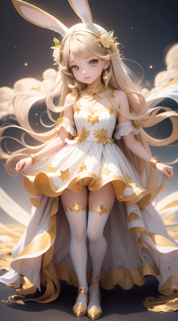 ((masterpiece, best quality)), Delicate face, Full Body Love, depth, Many partecha girls,Wear a bunny costume,Golden,Extremely beautiful,bright,Natural light,star decoration,Starry clouds