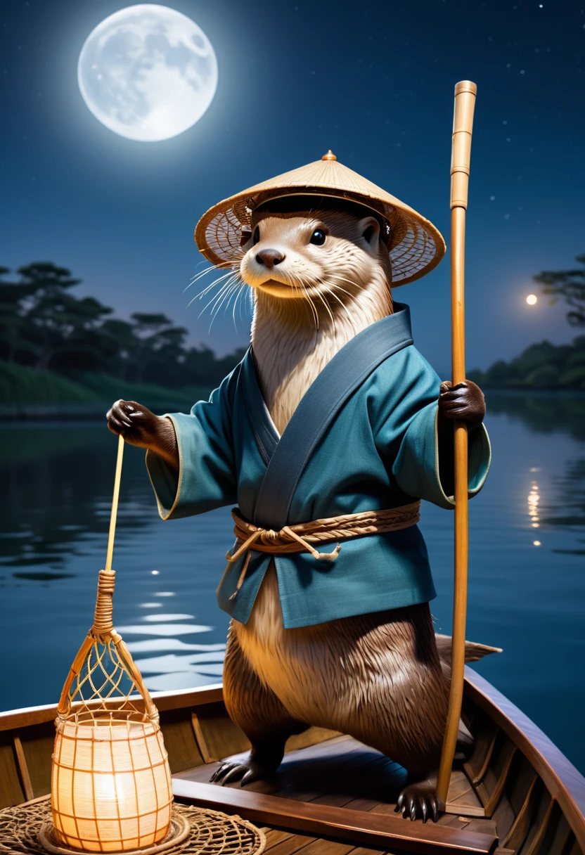 Anthropomorphic otter dressed as a Japanese fisherman, wearing a conical straw hat, Standing in a boat, throwing a net on a lake, photorealistic, in the moonlight, view from below looking up