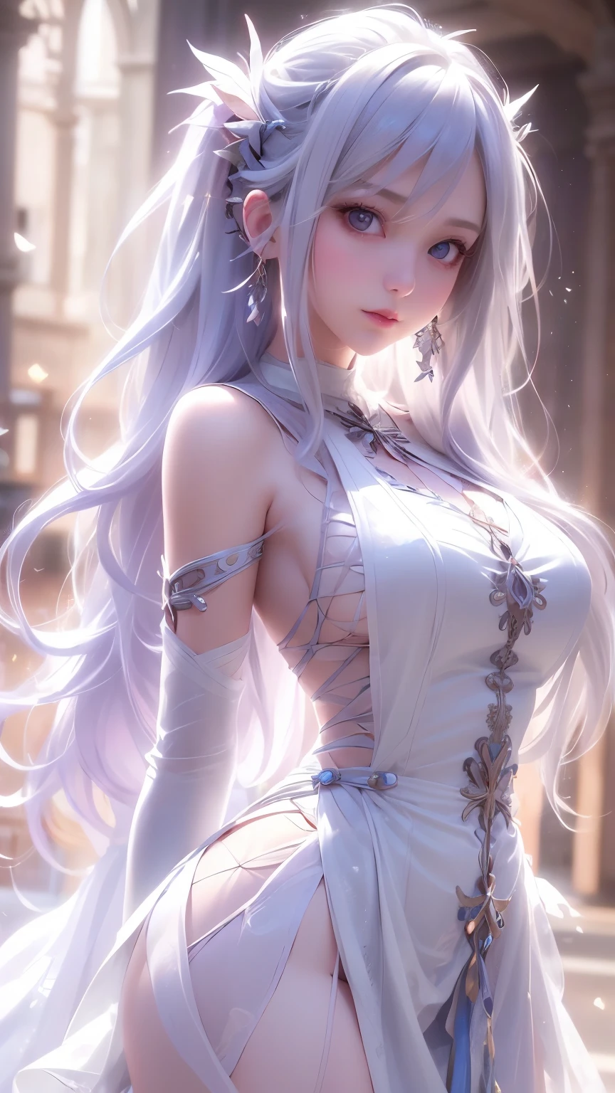 (White Wings,Angel:1.2),(Falling white feathers background:1.1), ((masterpiece)), (detailed:1.4),Realistic、 Beautiful Woman Images,High resolution(High Dynamic Range),Ray Tracing,NVIDIA,Super Resolution,PBR Textures,Post-processing,Anisotropic Filtering,Maximum depth of field resolution and crisp layer textures,Albedo and Specular Maps,Surface Shading,Accurate simulation of material interactions,Perfect balance,Rendering with Octane,2-color light,Large Diameter,Low ISO,White balance,Rule 3 points、8K raw data、Backlight、Beautiful white and shining skin、Gray hair that changes with light、Long bangs obstruct the view、Highlights of cheek luster、Sexy and very beautiful and adorable face、The most beautiful face in the world、Super long and gorgeous white hair、Smooth straight hair、WHITE hair fluttering in the wind、big, light blue eyes shimmering、Beautiful Bangs、Beautiful cute girl 25 years old、Beautiful long halter dress、((sideboob:1.4))