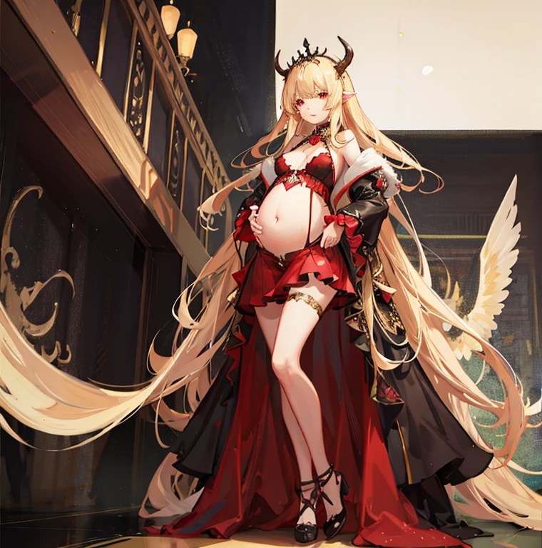 (high quality), 1girl, very long blonde hair, red demon eyes, small breast, ((pregnant)), , skirt, standing, palace background, comfortable expressions, detailed eyes