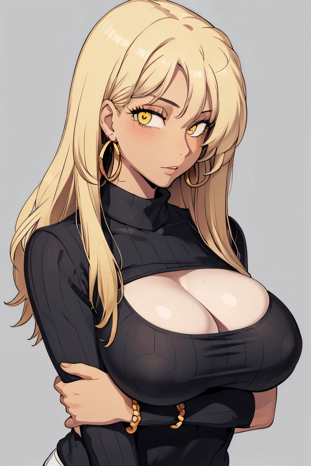 (masterpiece, best quality:1.2), cervina, 1girl, breasts, hoop earrings, solo, meme attire, jewelry, dark-skinned female, dark skin, open-chest sweater, sweater, earrings, long hair, bracelet, cleavage, cleavage cutout, yellow eyes, clothing cutout, large breasts, white background, looking at viewer, simple background, turtleneck, upper body, ribbed sweater, blonde hair