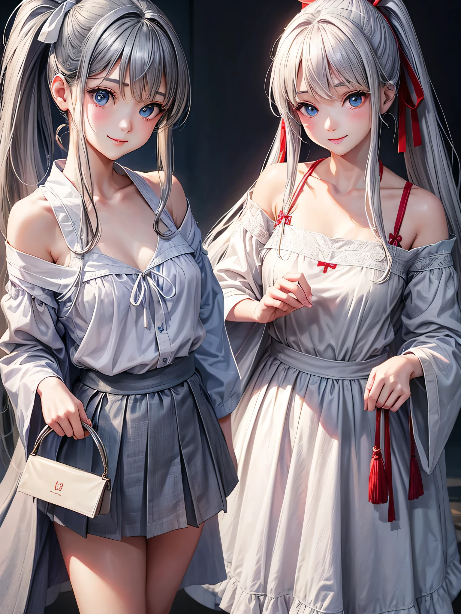 highest quality、Realistic、girl、Japanese、zoom、look up、cute、smile、Blue Eyes、Grey hair、ponytail、White blouse、Red ribbon、Gray culotte skirt、slender、Small breasts、Face close-up