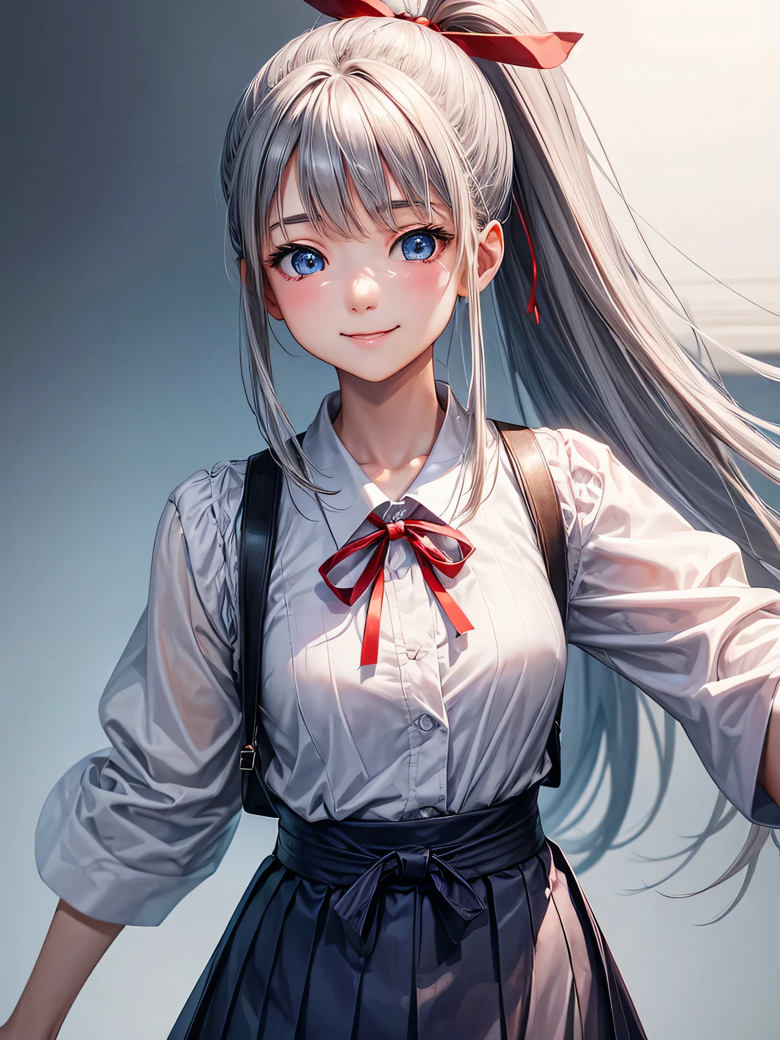 highest quality、Realistic、girl、Japanese、zoom、look up、cute、smile、Blue Eyes、Grey hair、ponytail、White blouse、Red ribbon、Gray culotte skirt、slender、Small breasts、Face close-up
