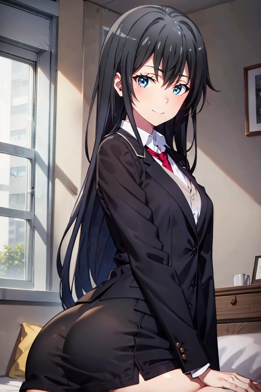 8K Photograph, FULL HDR,1girl, Yukinoshita Yukino, Thicc ass,((LAYING DOWN ON BED)), long hair , looking at the camera, wearing tight formal clothes, smile, black coat