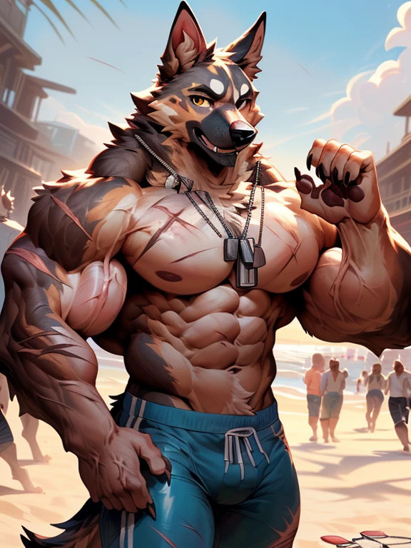 ((masterpiece)), ((high resolution)), ((Anime-ish high quality)), ((best quality)), ((super fine illustration)), ((highly details)), ((8k)), ((detailed face)), ((detailed hands)), ((detailed body)), ((detailed eyes)), ((SFW)), ((solo)), ((uploaded on e621)), (by bonifasko), (by null-ghost), (by bebebebebe), ((German shepherd dog)), ((fluffy dog)), ((male anthro)), (anatomically correct), ((pawpads:1.3)), (five fingers), ((tuft)), (fluffy fur)), ((fluffy fur body:1.3)), ((detailed fluffy fur)), (big yellow eyes), ((looking at viewer)), ((shoot from front)), ((close up portrait:1.6)), ((furry)), ((huge muscular male:1.3)), ((muscular figure)), ((massive and strong body)), ((vein:1.6)), ((veiny muscles:1.3)), ((huge pecs:1.4)), ((big muscles:1.3)), ((muscular arms)), ((muscular legs)), ((six pack abs:1.6)), (Oblique muscle), serratus anterior muscle, ((thick thighs:1.3)), ((blush)), (long snout), (big tail), teeth, ((fangs)), open mouth, ((breath visible)), ((many scars are covered in the body:1.3)), ((many scratches are covered in the body:1.6), ((a lot of claw marks are covered in the body:1.3)), ((facial scar:1.3)), ((scar on eye:1.4)), ((detailed scars)), ((wearing dog tags:1.6)), ((dynamic pose)), ((in the seaside)), ((on the beach)), ((the sun)), ((a crowd of furry:1.3)), ((detailed background)), ((cinematic lighting)), ((gorgeous light and shadows)), ((highly detailed background)), ((wearing hot pants:1.6)),