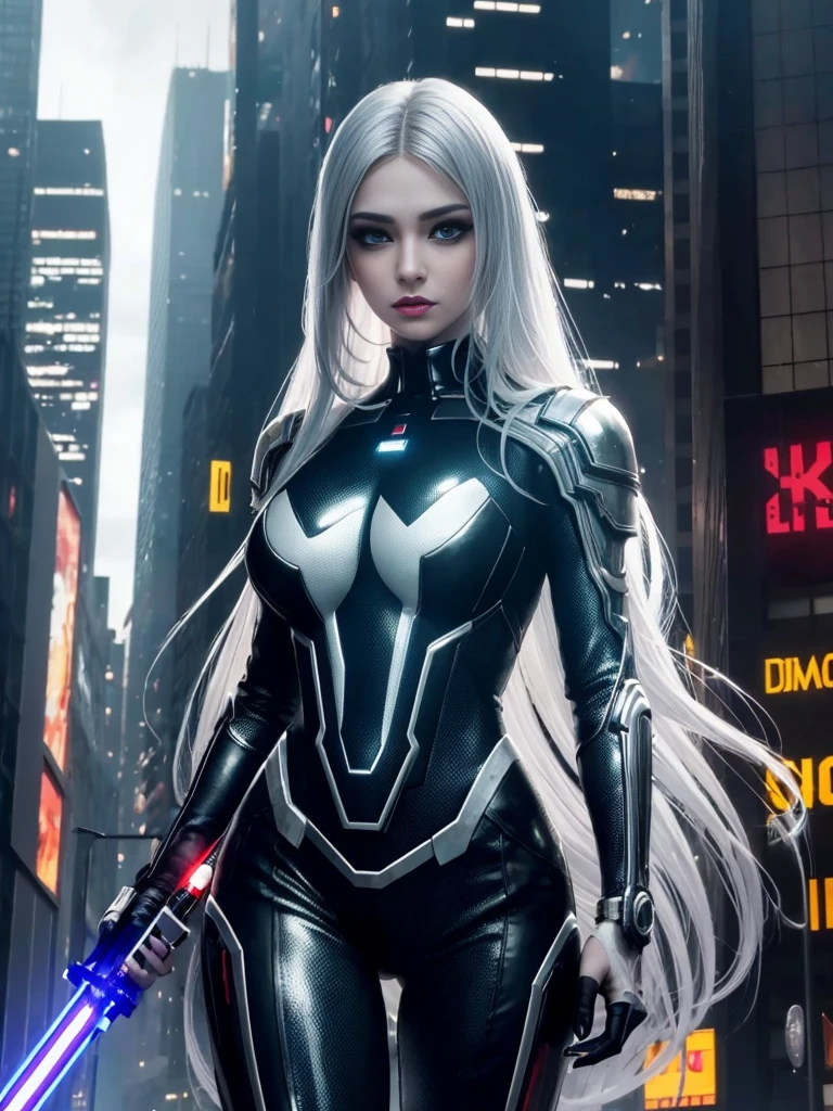 Very beautiful young lady, Cyberpunk exquisite makeup, prime time, Reality, High contrast, 8k HD, detailed, hyper-detailed, Realistic skin texture, Long silver hair, Large Breasts, best quality, Ultra-high resolution, original photo, Dramatic Lighting, Unreal Engine, diffuse glow, Complex futuristic suit, outdoor, Cyberpunk City, Holding a lightsaber