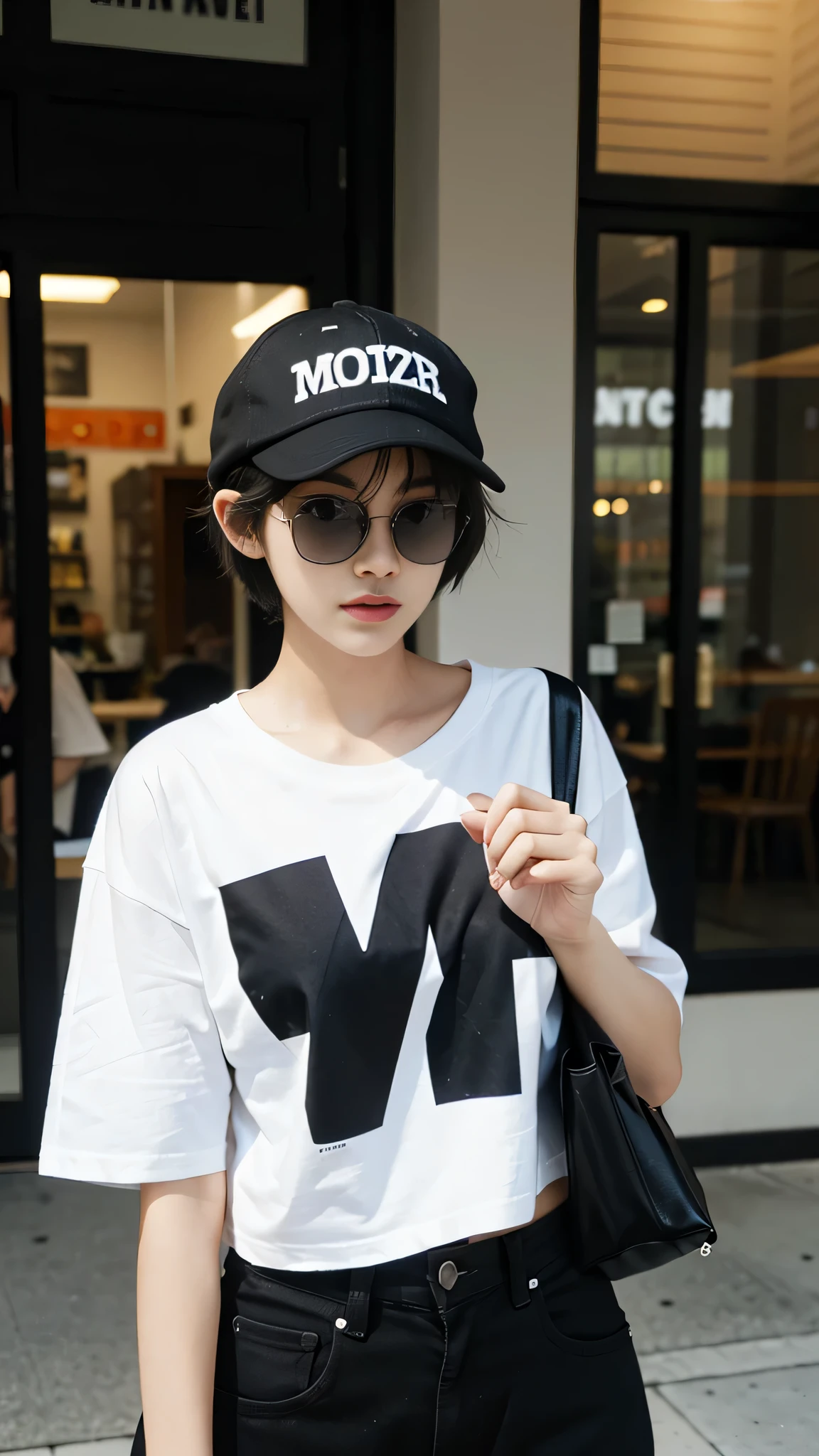 Girl in oversize t-shirt and short for photo、short hair, black hair、Slim girl model、18-year-old female model、Wearing black sunglasses and a cap