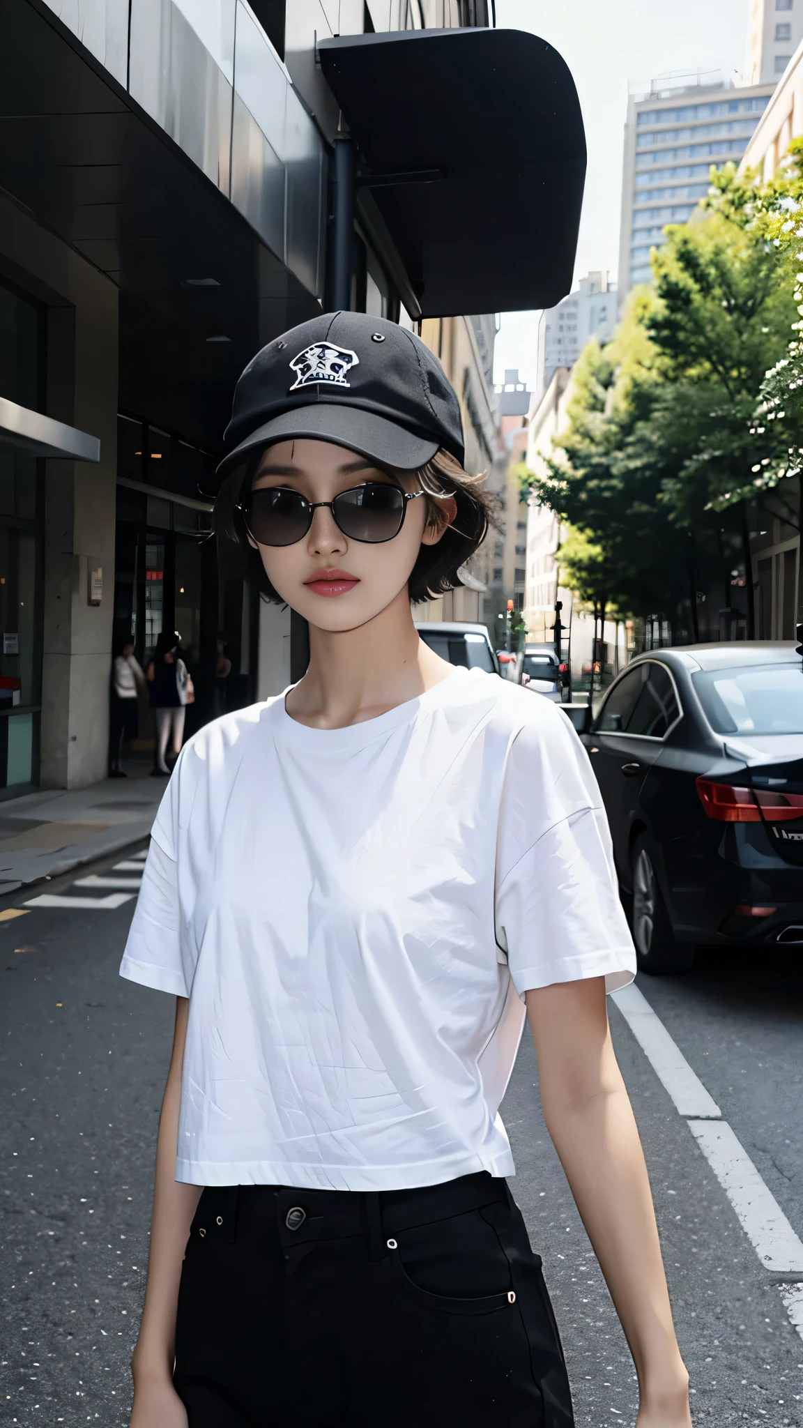 Girl in oversize t-shirt  and short for photo、short hair, black hair、Slim girl model、18-year-old female model、Wearing black sunglasses and a cap