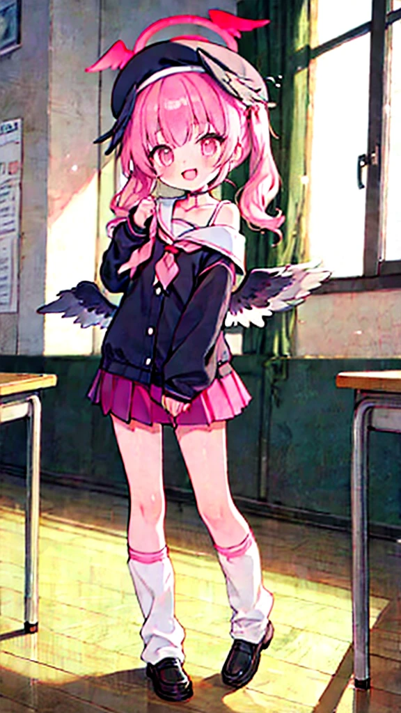 1girl, koharu \(blue archive\), twintails, halo, beret, head wings, low wings, pleated miniskirt, sleeves past wrists, sailor shirt, pink neckerchief, off shoulder, loose socks, loafers, standing, full body, looking at viewer, smile, open mouth, sunset, classroom, window, backlighting, depth of field