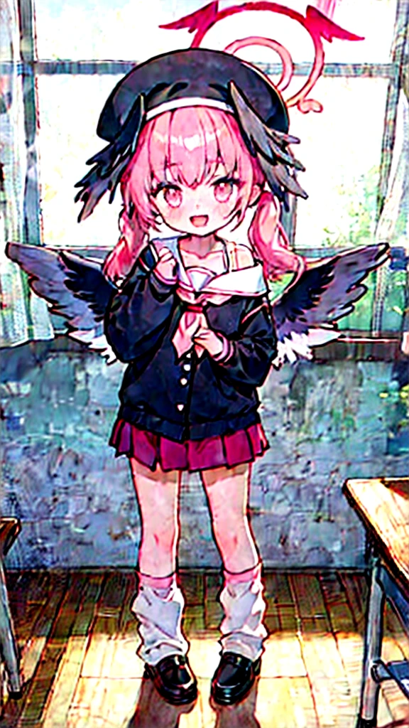1girl, koharu \(blue archive\), twintails, halo, beret, head wings, low wings, pleated miniskirt, sleeves past wrists, sailor shirt, pink neckerchief, off shoulder, loose socks, loafers, standing, full body, looking at viewer, smile, open mouth, sunset, classroom, window, backlighting, depth of field