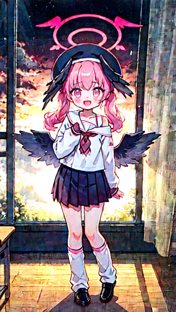 1girl, koharu \(blue archive\), twintails, halo, beret, head wings, low wings, pleated miniskirt, sleeves past wrists, sailor shirt, pink neckerchief, off shoulder, loose socks, loafers, standing, full body, looking at viewer, smile, open mouth, sunset, classroom, window, backlighting, depth of field