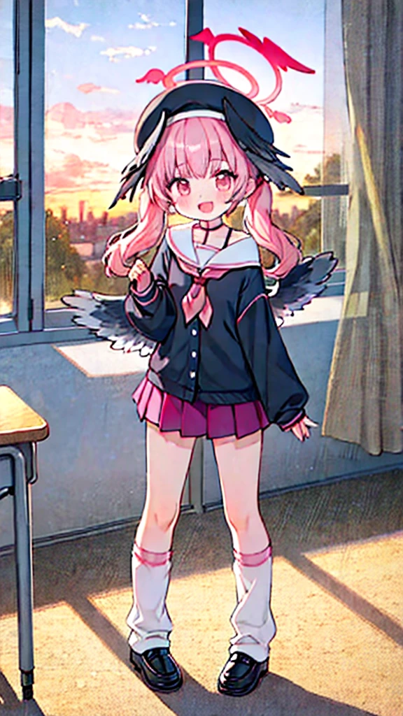 1girl, koharu \(blue archive\), twintails, halo, beret, head wings, low wings, pleated miniskirt, sleeves past wrists, sailor shirt, pink neckerchief, off shoulder, loose socks, loafers, standing, full body, looking at viewer, smile, open mouth, sunset, classroom, window, backlighting, depth of field