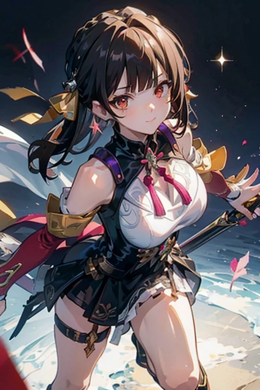 Anime style beutiful woman, 1girl,fullbody, happy, (with sparkling eyes and a contagious smile:1.2), red face, closed mouth, beautiful detailed eyes, super detailed skin, backlighting, bare shoulders, black background, black dress, black gloves, black hair, breasts, dress, earrings, fingerless gloves, floating hair, floral print, flower, gloves, gold earrings, gold hairband, hair flower, hair ornament, hairband, holding, holding weapon, jewelry, large breasts, long hair, looking at viewer, off-shoulder dress, off shoulder,red eyes, short hair with long locks, sidelocks, solo, spikes, thighs, two-sided dress, two-sided fabric, weapon, fighting stance , face, close up, from above, highest quality, high resolution,Real World, Natural light,perfect Natural light,looking at viewer,