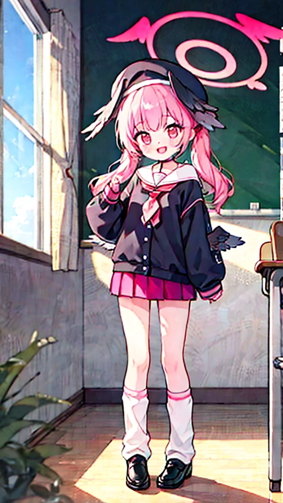 1girl, koharu \(blue archive\), twintails, halo, beret, head wings, low wings, pleated miniskirt, sleeves past wrists, sailor shirt, pink neckerchief, off shoulder, loose socks, loafers, standing, full body, looking at viewer, smile, open mouth, sunset, classroom, window, backlighting, depth of field