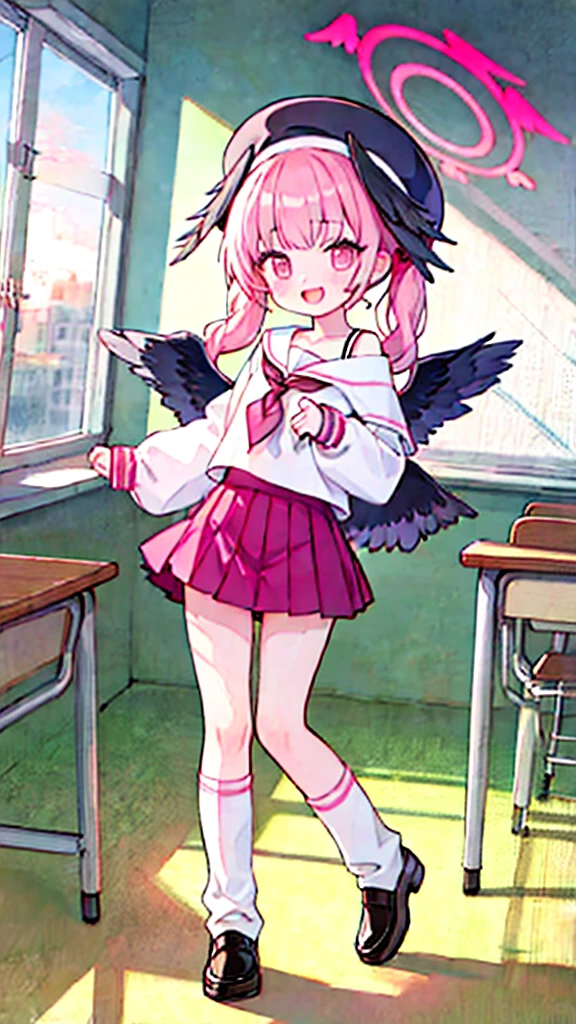 1girl, koharu \(blue archive\), twintails, halo, beret, head wings, low wings, pleated miniskirt, sleeves past wrists, sailor shirt, pink neckerchief, off shoulder, loose socks, loafers, standing, full body, looking at viewer, smile, open mouth, sunset, classroom, window, backlighting, depth of field