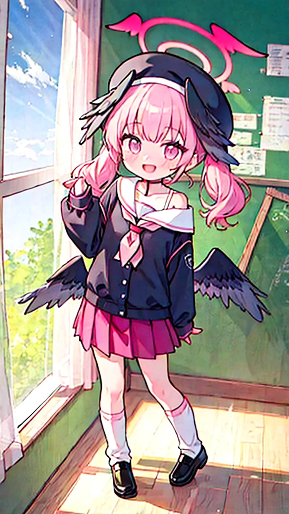 1girl, koharu \(blue archive\), twintails, halo, beret, head wings, low wings, pleated miniskirt, sleeves past wrists, sailor shirt, pink neckerchief, off shoulder, loose socks, loafers, standing, full body, looking at viewer, smile, open mouth, sunset, classroom, window, backlighting, depth of field