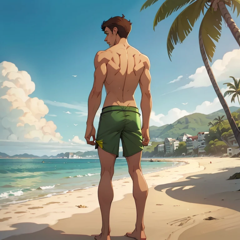 jon, a young guy in his 30s with asymmetric very short brown hair, green eyes with brown specs, a flat nose, smooth skin, slim athletic body, ((full body, standing on beach, nude upper body, green swim trunks)), holding a drink, ((perspective from behind))