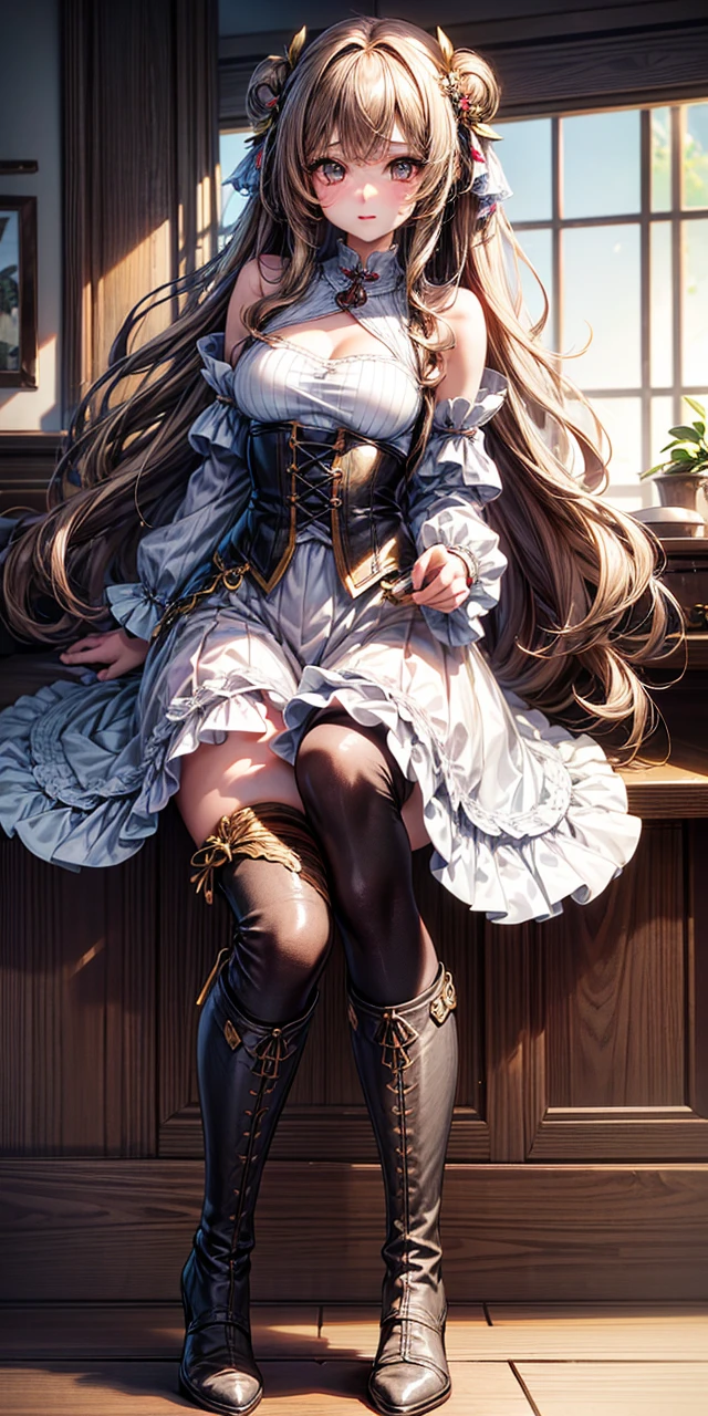 1 cute young girl, female focus on, Girls Front, depthoffield, Holding, , Young Girl, Long wavy curly hair, Curly hair, Air bangs, light brown hair, extremely beautiful detailed anime face and eyes, ^ ^, lovely big eyes, Perfect hands, Small breasts, zettai ryouiki, Light brown eyes, coffee cup, Leaf dress, knee boots, morning, Indoors, Wallpaper 8k CG, hyper quality, Extremely detailed,