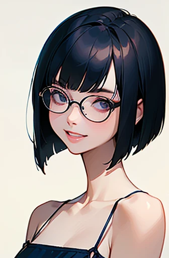 (masterpiece), (8k, best quality, high resolution), (ultra-detailed, realistic), (anatomically correct),
((Portrait)), (Standing), (No background),
(1woman), (looking at viewer),
(A Japanese woman, 30 years old and 155cm tall.),
(black hair), (straight hair), (short hair style), (bob cut), (hair behind ears),
((she wears glasses with black cell-frame frames)),
((Simple design navy blue mini length spaghetti strap dress)),
(Create a detailed image of the eye),
(Her impression is pure, clean and kind.),
((A captivating smile, just showing a few teeth.)),