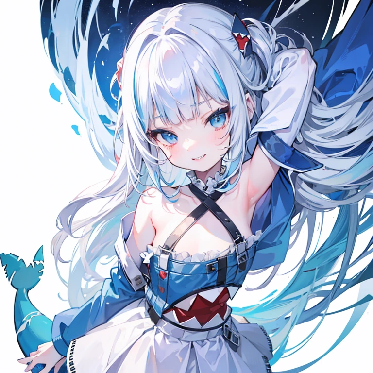 Pixel art，girl, Light blue and white hair, pale, Lips, White background, Straight Hair, Bangs, Pale white eyes, confident, Sharp Teeth, Shark Teeth, Smile, Lovely