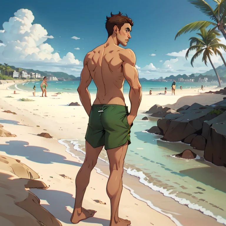 jon, a young guy in his 30s with asymmetric very short brown hair, green eyes with brown specs, a flat nose, smooth skin, slim athletic body, ((full body, standing on beach, nude upper body, green swim trunks)), holding a drink, ((perspective from behind))