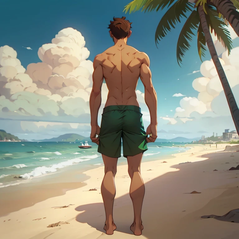 jon, a young guy in his 30s with asymmetric very short brown hair, green eyes with brown specs, a flat nose, smooth skin, slim athletic body, ((full body, standing on beach, nude upper body, green swim trunks)), holding a drink, ((perspective from behind))