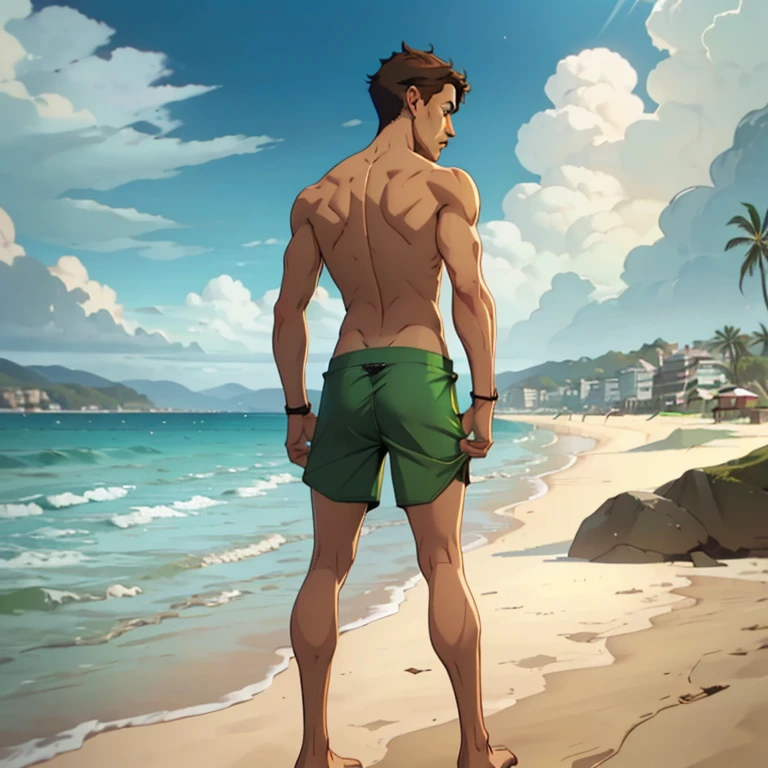 jon, a young guy in his 30s with asymmetric very short brown hair, green eyes with brown specs, a flat nose, smooth skin, slim athletic body, ((full body, standing on beach, nude upper body, green swim trunks)), holding a drink, ((perspective from behind))