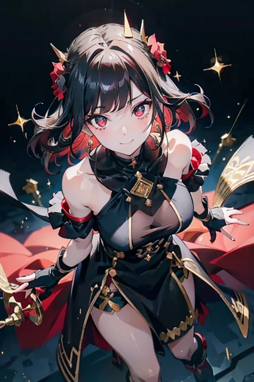 Anime style beutiful woman, 1girl,fullbody, happy, (with sparkling eyes and a contagious smile:1.2), red face, closed mouth, beautiful detailed eyes, super detailed skin, backlighting, bare shoulders, black background, black dress, black gloves, black hair, breasts, dress, earrings, fingerless gloves, floating hair, floral print, flower, gloves, gold earrings, gold hairband, hair flower, hair ornament, hairband, holding, holding weapon, jewelry, large breasts, long hair, looking at viewer, off-shoulder dress, off shoulder,red eyes, short hair with long locks, sidelocks, solo, spikes, thighs, two-sided dress, two-sided fabric, weapon, fighting stance , face, close up, from above, highest quality, high resolution,Real World, Natural light,perfect Natural light,looking at viewer,