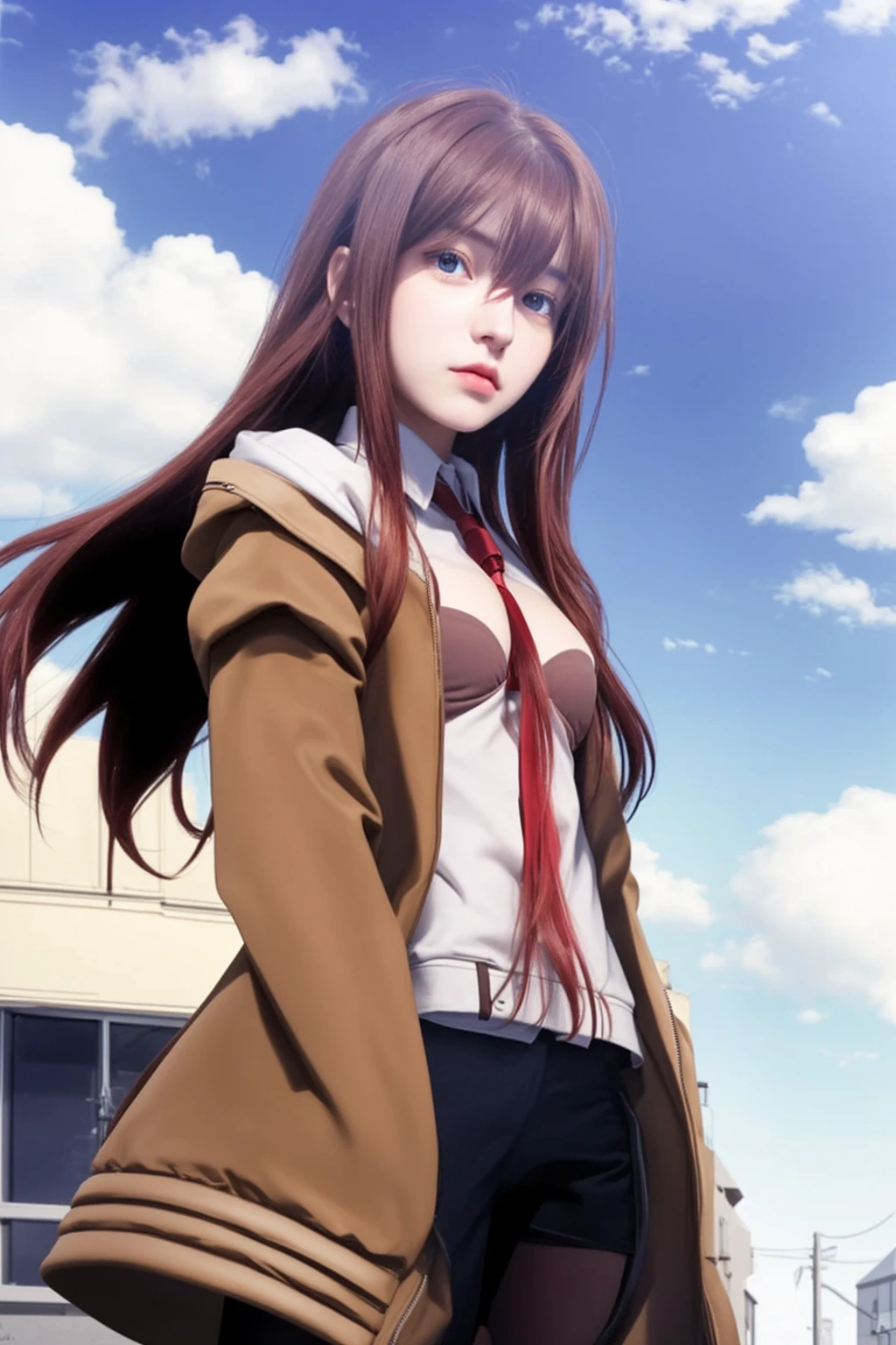 girl with red long hair, realistic eyes, brown jacket