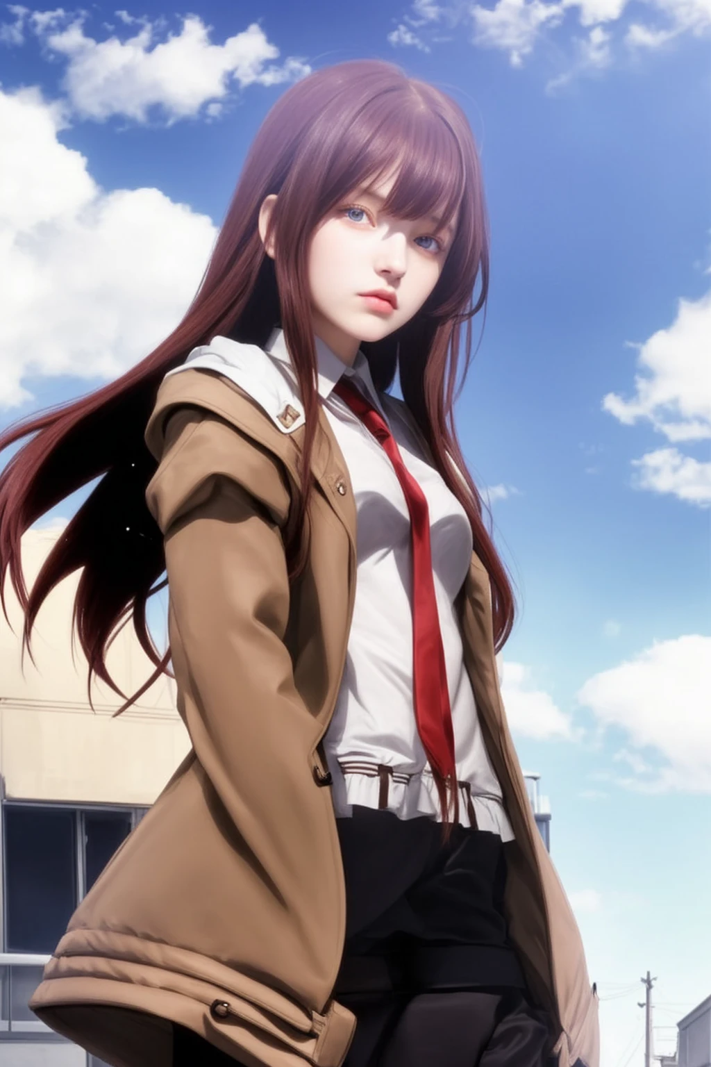 girl with red long hair, realistic eyes, brown jacket