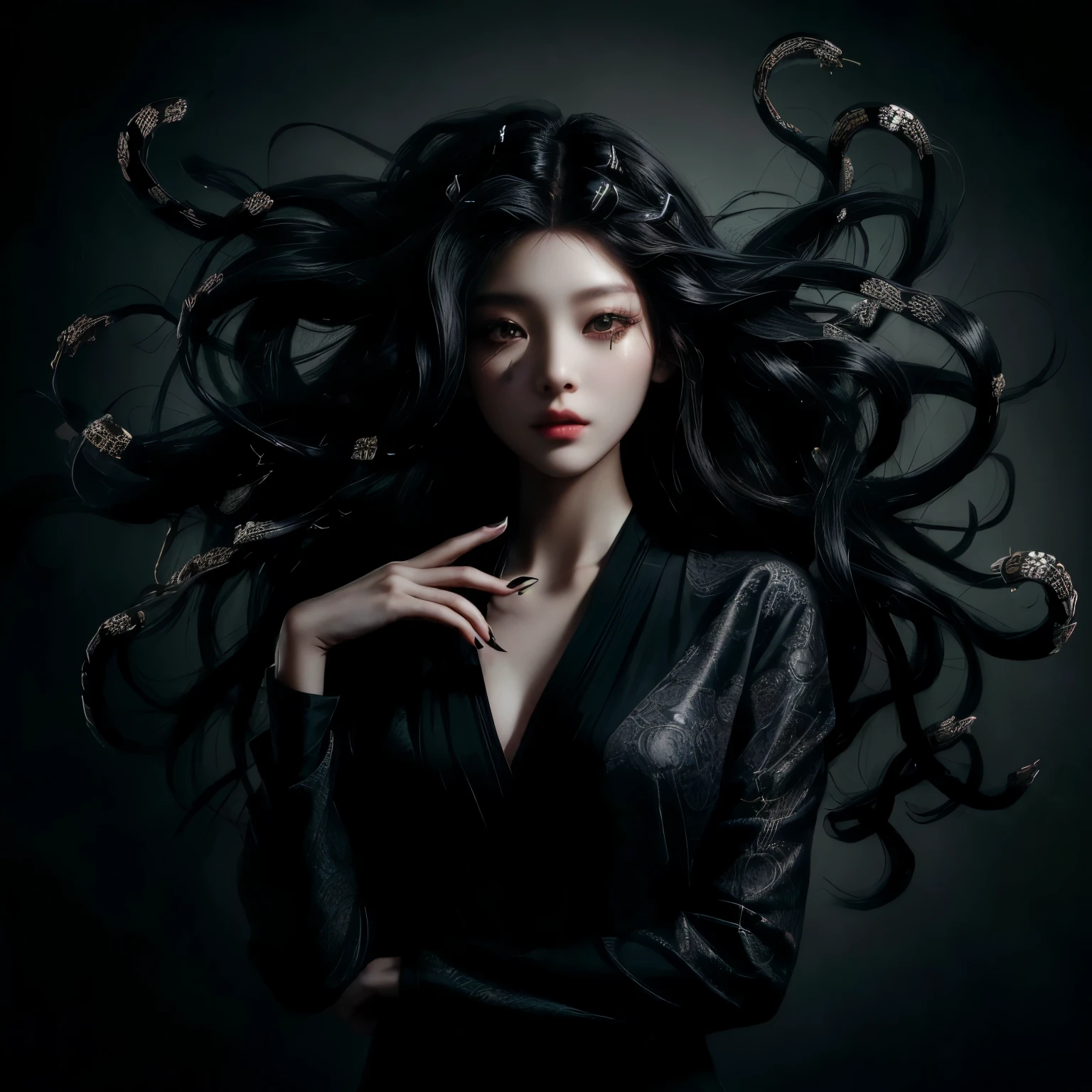 Modern Medusa、A young Japanese woman with dark hair poses for a photo, dark Portrait of Medusa, Many snakes like her hair, Dark Queen of Snakes, Woman medusa long hair, Long, flowing Medusa hair, Beautiful witch with long hair, Beautiful female gorgon, Goddess of Darkness with Six Arms, Portrait of Medusa, Boiling Medusa, Swirling black hair, Beautiful witch spooky woman、Her hair is made up of multiple detailed snakes