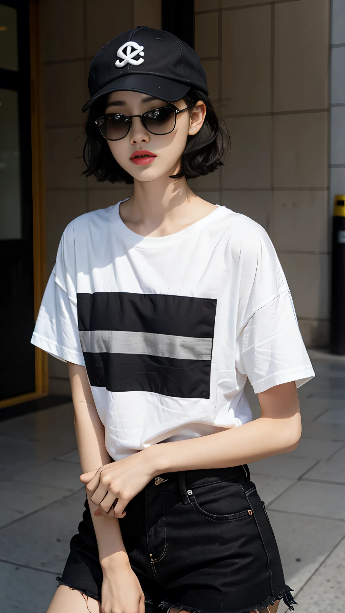 Girl in oversize t-shirt  and short for photo、short hair, black hair、Slim girl model、18-year-old female model、Wearing black sunglasses and a cap