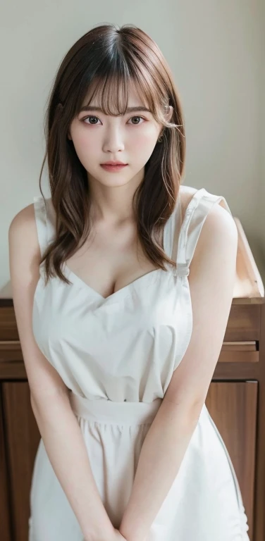 masterpiece, highest quality, 8k, 20th Generation, Large Breasts, cute, alone, sad, cute, Girlish, Delicate girl, Pure beauty, RAW Photos, Professional photography, Portraiture, Soft Light, Professional Lighting, Backlight, Upper Body, avert your eyes, Sophisticated, Film Grain, (Eyes and facial details:1.0), Short floating hair, Beautiful, flowing hair, bangs, (Apron on the bare skin(pastel colour))、(Large Breasts:1.0)、You can see a little cleavage、Nipple protrusion、Dolly Makeup、Translucent white skin、White Breasts、Odd Eye、The colour of the left and right eyes are different