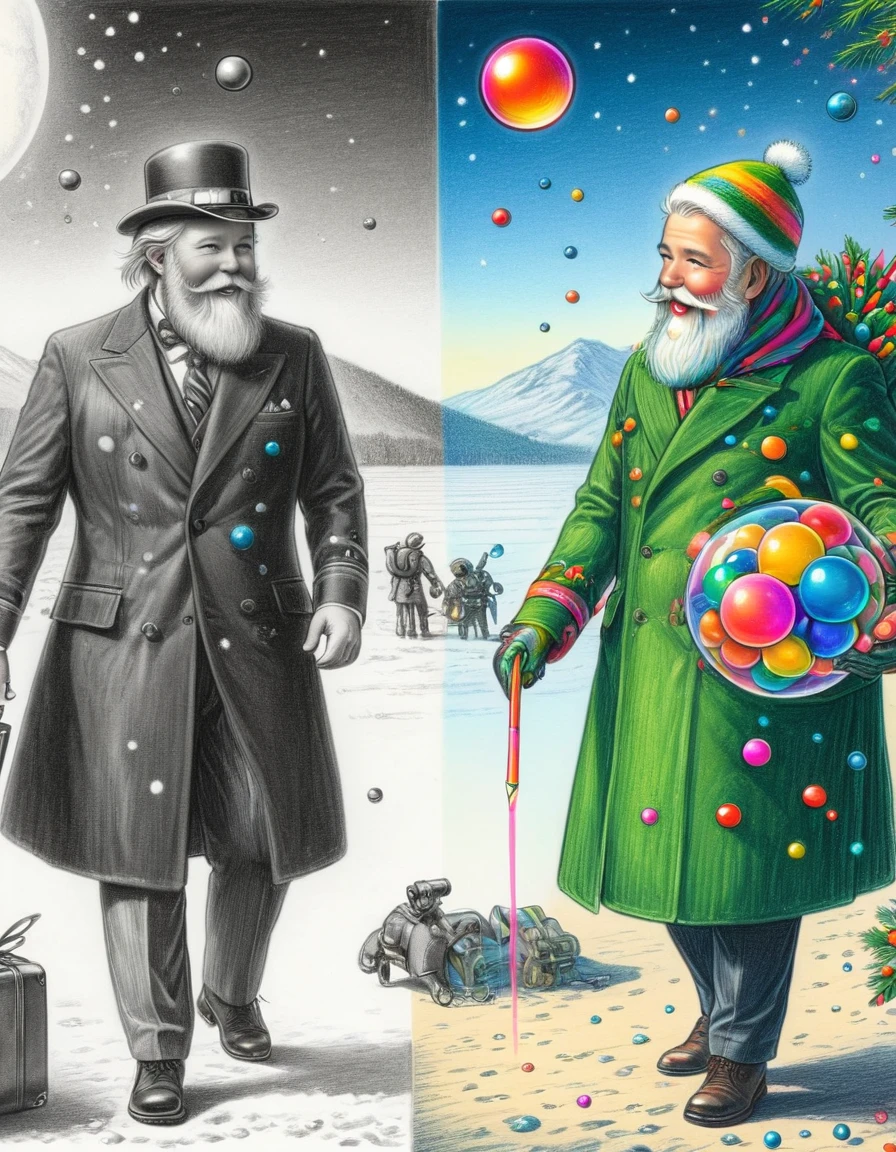 1hbgd1, Wear Christmas costumes，A mecha figure with a big white beard, rainbow bubbles, Fleeting beauty, Sparkling colors, Playful Atmosphere, Exquisite sphere，The artwork should transition from a pencil drawing style in black and white on the left half to vibrant colors on the right half, Ensure a seamless integration between the two halves without any dividing line, The scene is identical on both sides, with the left side featuring detailed black and white pencil strokes and the right side filled with colors, creating a harmonious blend across the image