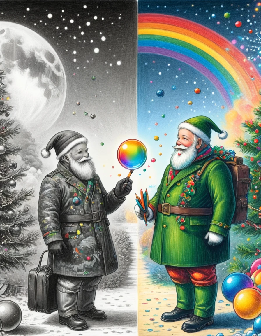 1hbgd1, Wear Christmas costumes，A mecha figure with a big white beard, rainbow bubbles, Fleeting beauty, Sparkling colors, Playful Atmosphere, Exquisite sphere，The artwork should transition from a pencil drawing style in black and white on the left half to vibrant colors on the right half, Ensure a seamless integration between the two halves without any dividing line, The scene is identical on both sides, with the left side featuring detailed black and white pencil strokes and the right side filled with colors, creating a harmonious blend across the image