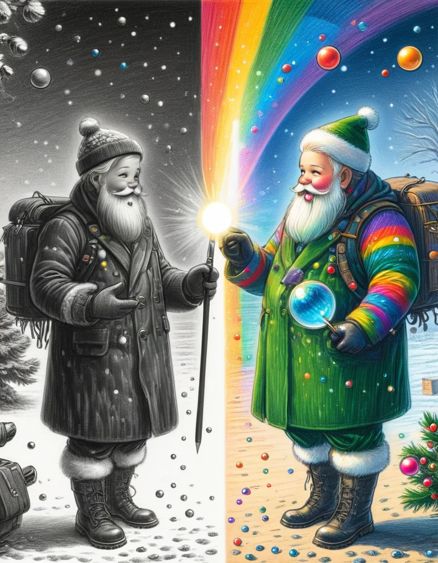 1hbgd1, Wear Christmas costumes，A mecha figure with a big white beard, rainbow bubbles, Fleeting beauty, Sparkling colors, Playful Atmosphere, Exquisite sphere，The artwork should transition from a pencil drawing style in black and white on the left half to vibrant colors on the right half, Ensure a seamless integration between the two halves without any dividing line, The scene is identical on both sides, with the left side featuring detailed black and white pencil strokes and the right side filled with colors, creating a harmonious blend across the image