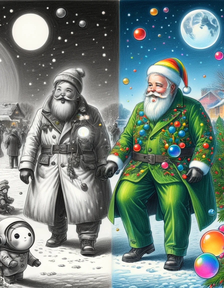 1hbgd1, Wear Christmas costumes，A mecha figure with a big white beard, rainbow bubbles, Fleeting beauty, Sparkling colors, Playful Atmosphere, Exquisite sphere，The artwork should transition from a pencil drawing style in black and white on the left half to vibrant colors on the right half, Ensure a seamless integration between the two halves without any dividing line, The scene is identical on both sides, with the left side featuring detailed black and white pencil strokes and the right side filled with colors, creating a harmonious blend across the image