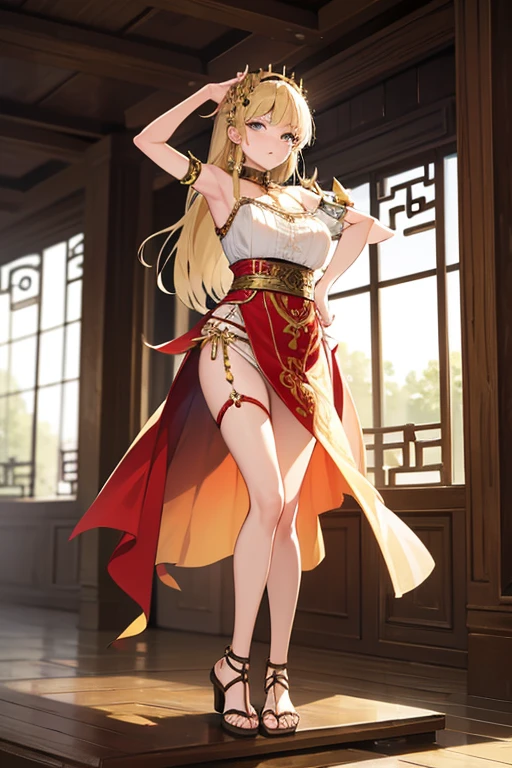  masterpiece, best quality, blond ,dancer,  (standing, on wood platform, lift up lace cloth), full body, antient tribal clothes, gladiator sandal