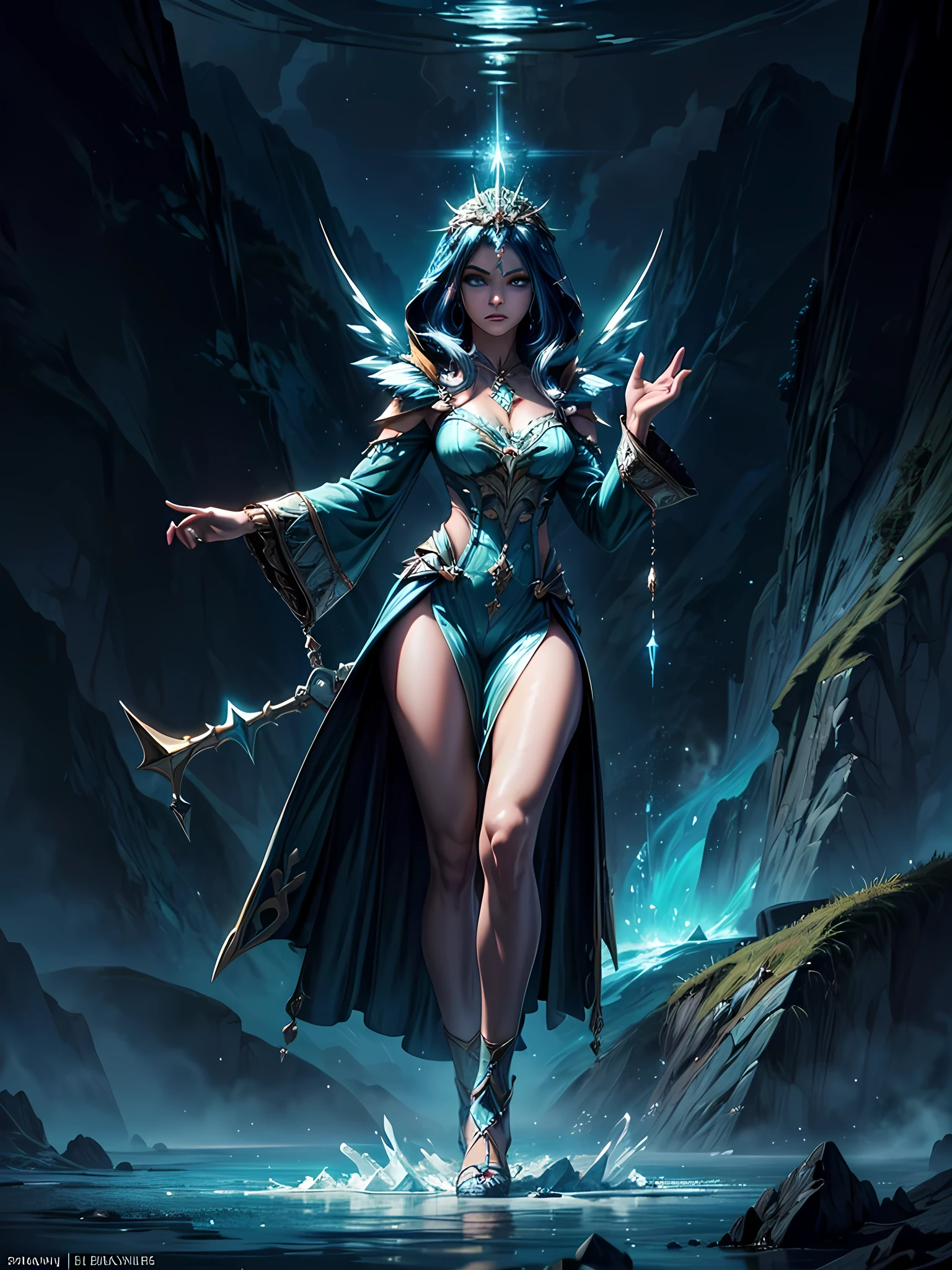 high details, best quality, 8k, [ultra detailed], masterpiece, best quality, (extremely detailed), full body, ultra wide shot, photorealistic, fantasy art, dnd art, rpg art, realistic art, an ultra wide picture of a female human (1.5 intricate details, Masterpiece, best quality) godess of water  ((watery radiant aura)), controlling a swirling streams of watery magic (1.5 intricate details, Masterpiece, best quality), manipulating purple radiant magical symbols, [[divine symbols]] (1.5 intricate details, Masterpiece, best quality), human female, blue  hair, long hair with aura, hair with green radiant eyes, intense eyes, holding a trident, ((radiant eyes)), (( green glowing eyes)), dynamic clothing, fantasy sea background, stresms of sea water,  celestial  background, ((divine worship atmosphere)), high details, best quality, highres, ultra wide angle, Ice_Cicin