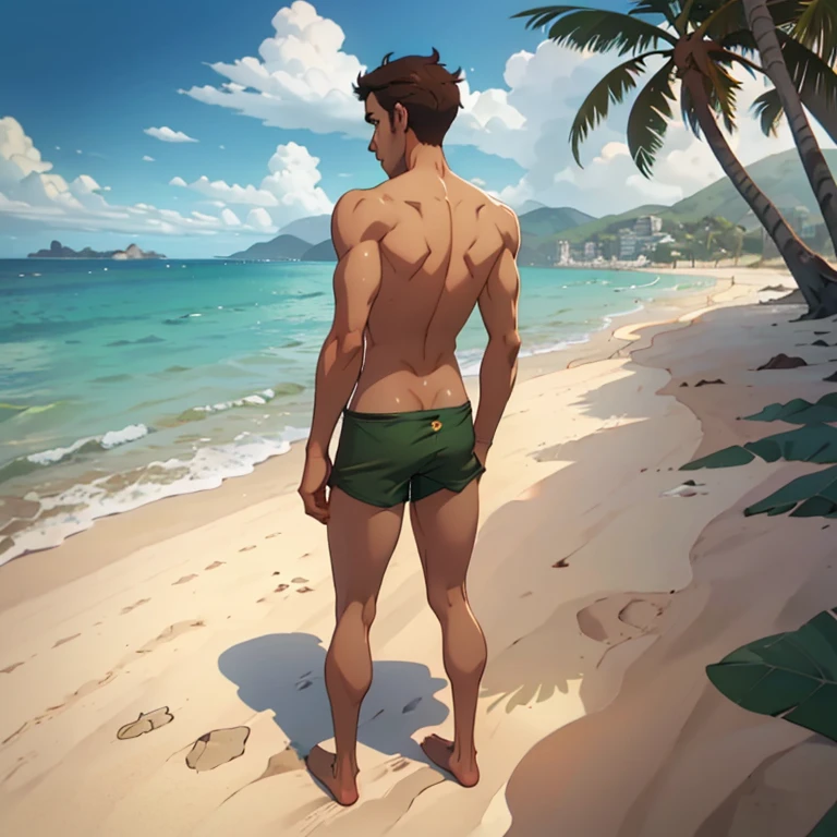 jon, a young guy in his 30s with asymmetric very short brown hair, green eyes with brown specs, a flat nose, smooth skin, slim athletic body, ((full body, standing on beach, nude upper body, green swim trunks)), holding a drink, ((perspective from behind, perspective from above))