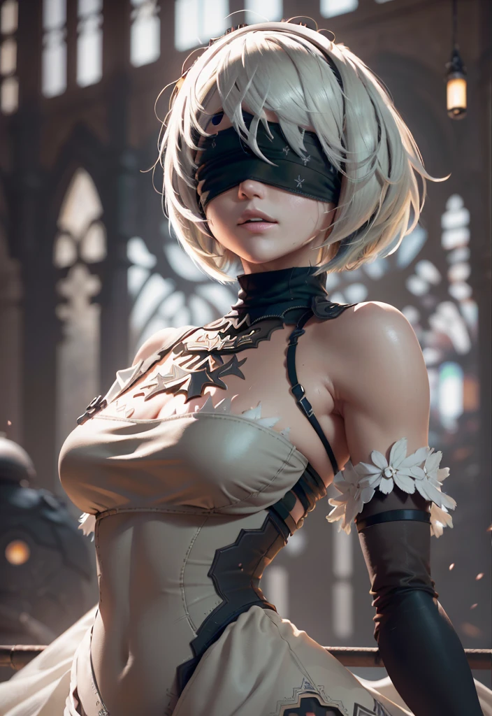 (masterpiece, Nier Automata 2b, Wearing a black blindfold,Standing in a beautiful pose: 1.5)  (highest quality, Cinema Lighting: 1.5), Perfect Eyes, Perfect Face, Volumetric lighting,  Sunny, cinematic presentation,A little frill, Black Stockings, Fascinating, The background is a romantic cathedral at night, super close up shot, Highly accentuated hourglass shape, (Inner Flesh: 0.5), (Protruding nipples: 0.5) Akin is greasy.  It gives me goosebumps