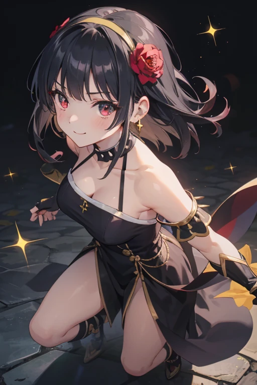 Anime style beutiful woman, 1girl,fullbody, happy, (with sparkling eyes and a contagious smile:1.2), red face, closed mouth, beautiful detailed eyes, super detailed skin, backlighting, bare shoulders, black background, black dress, black gloves, black hair, breasts, dress, earrings, fingerless gloves, floating hair, floral print, flower, gloves, gold earrings, gold hairband, hair flower, hair ornament, hairband, holding, holding weapon, jewelry, large breasts, long hair, looking at viewer, off-shoulder dress, off shoulder,red eyes, short hair with long locks, sidelocks, solo, spikes, thighs, two-sided dress, two-sided fabric, weapon, fighting stance , face, close up, from above, highest quality, high resolution,Real World, Natural light,perfect Natural light,looking at viewer,