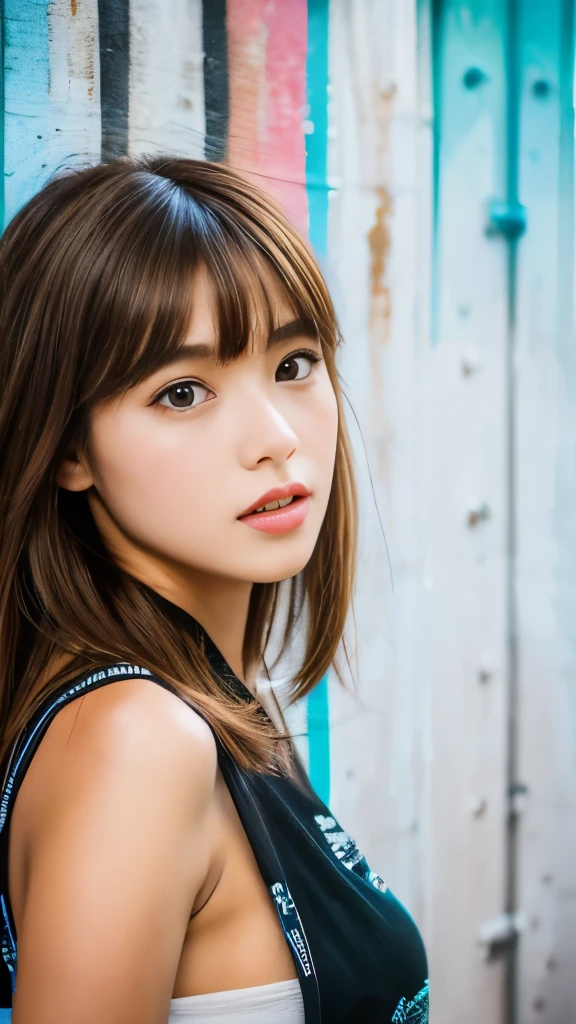 Best quality, 8k, ,Masterpiece :1.3)), facing viewer,((full body1.2)) ,pretty woman, wide shot ,1girl, , selfie , , Graffiti Wall, brown hair , bangs,ultra-detailed face, highly detailed lips, detailed eyes, double eyelid