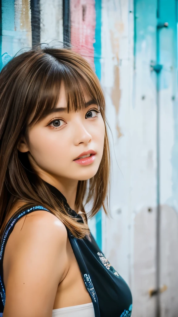 Best quality, 8k, ,Masterpiece :1.3)), facing viewer,((full body1.2)) ,pretty woman, wide shot ,1girl, , selfie , , Graffiti Wall, brown hair , bangs,ultra-detailed face, highly detailed lips, detailed eyes, double eyelid