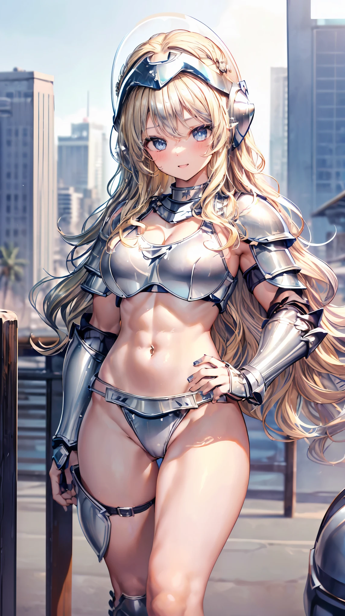 Very detailed、highest quality、Best image quality、masterpiece、8k、Anime Face、A kind smile、(Open your mouth)、Sparkling blue eyes、(Blonde wavy hair:1.5)、、Muscles of the whole body、camisole、Thigh belt、mini skirt、(Wearing silver bikini armor:1.5)、(Cowboy Shot:1.5)、(Leg armor:1.5)、(Wearing a helmet:1.5)、(Hands on hips)